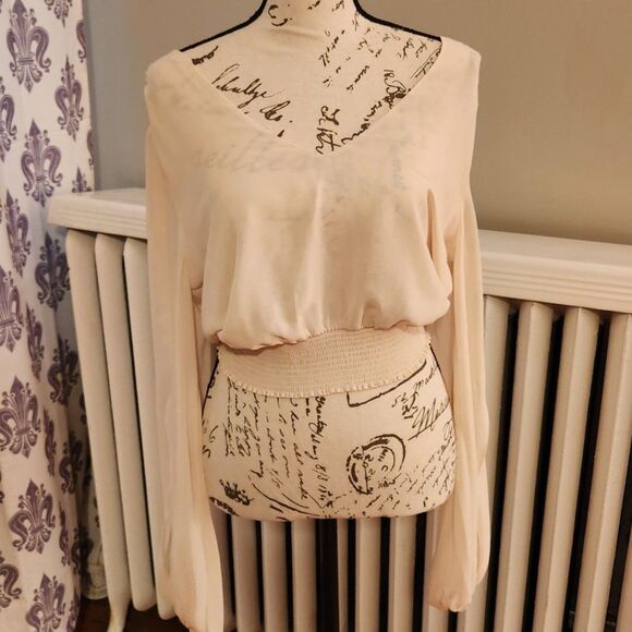 Bebe Y2K Elegant Ivory Crop Top, Cut Out Back + Bell Sleeves with Slits, Size M - Picture 1 of 13